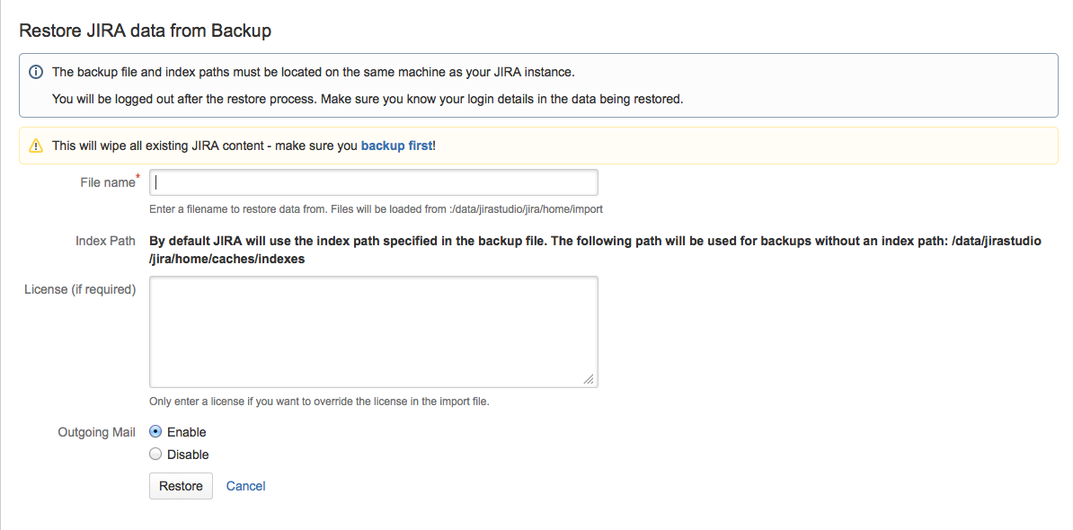 Restoring Jira data from backup.