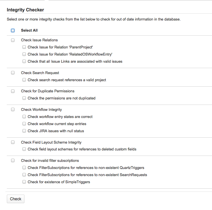 Integrity Checker page with a list of settings.