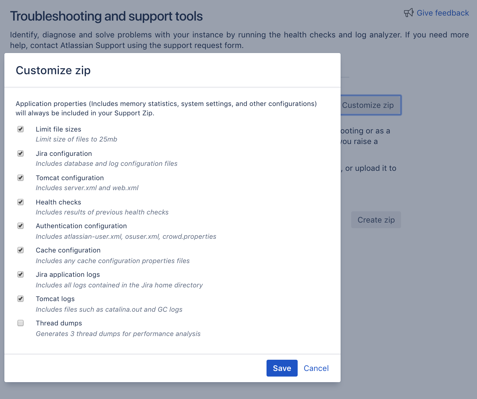 Customize zip dialog box.