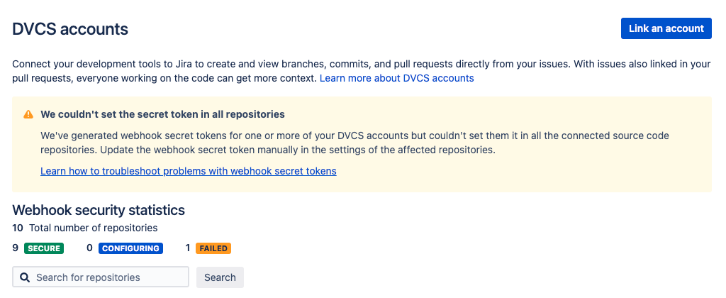 The DVCS account page displaying a warning notice that the settings of one or more repositories in one of the linked DVCS accounts couldn't be updated with a new webhook secret token