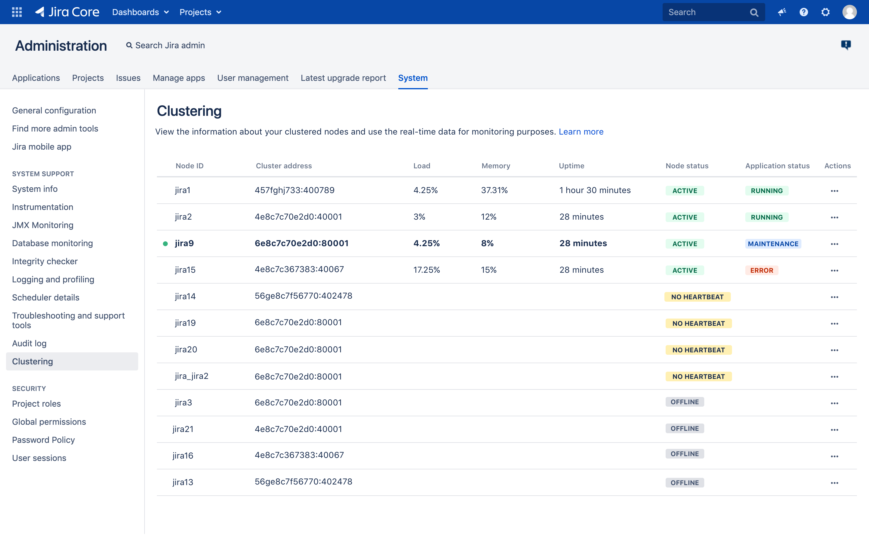 Clustering page, with a list of available nodes.