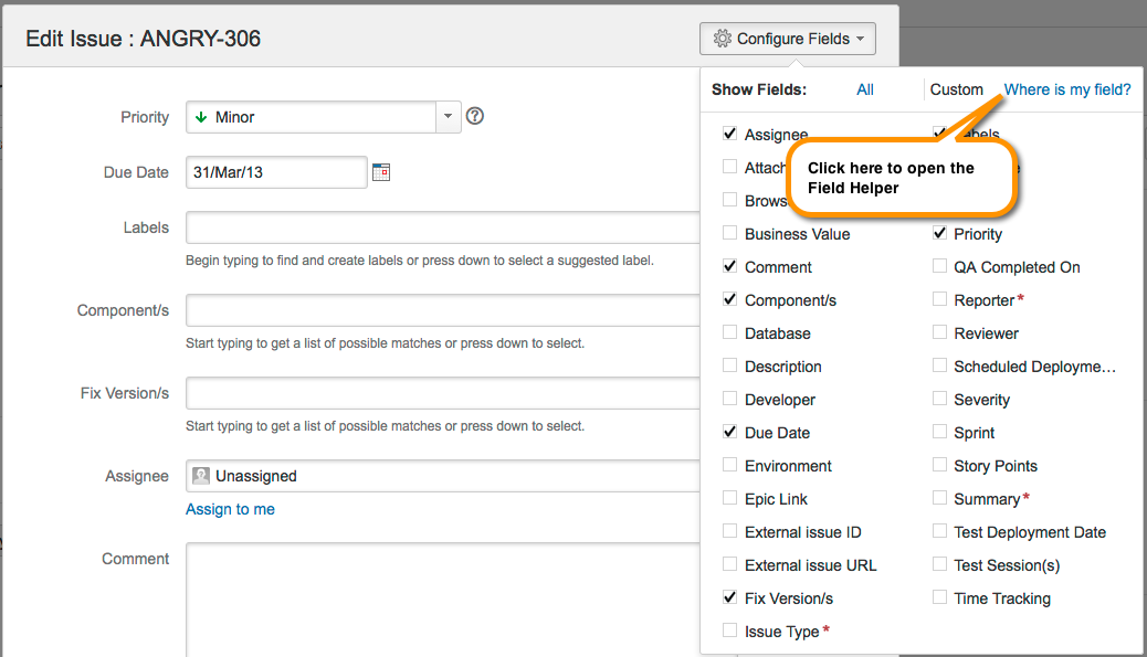 Where is my issue field, accessed from within the Edit issue page.