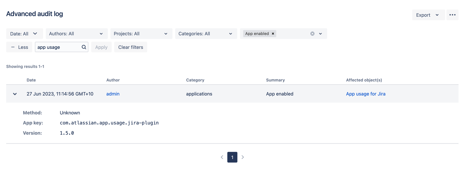 Jira audit log for App Usage