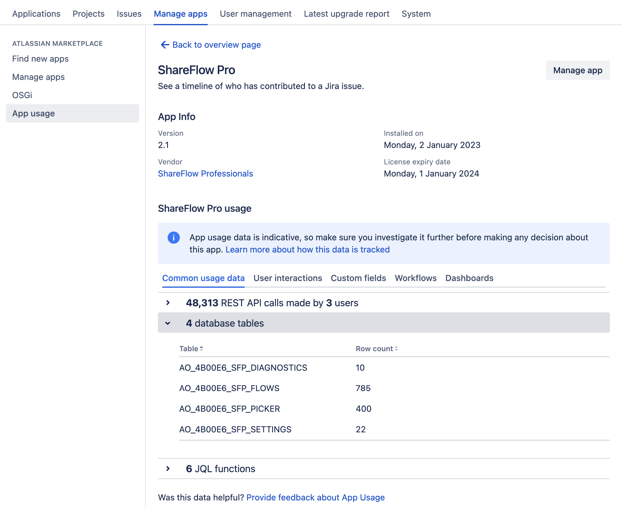 Common usage tab, showing database tables list