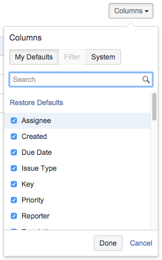 Columns configuration dialog.