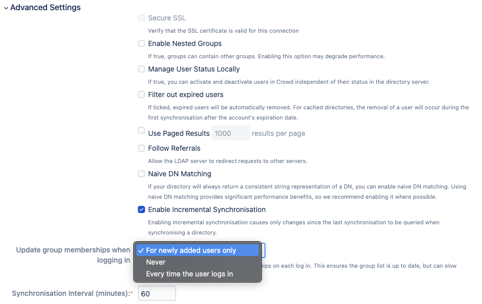 Advances Settings section on the user directory configuration page in Jira