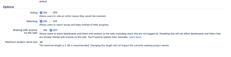 Jira options, in the Jira admin console.