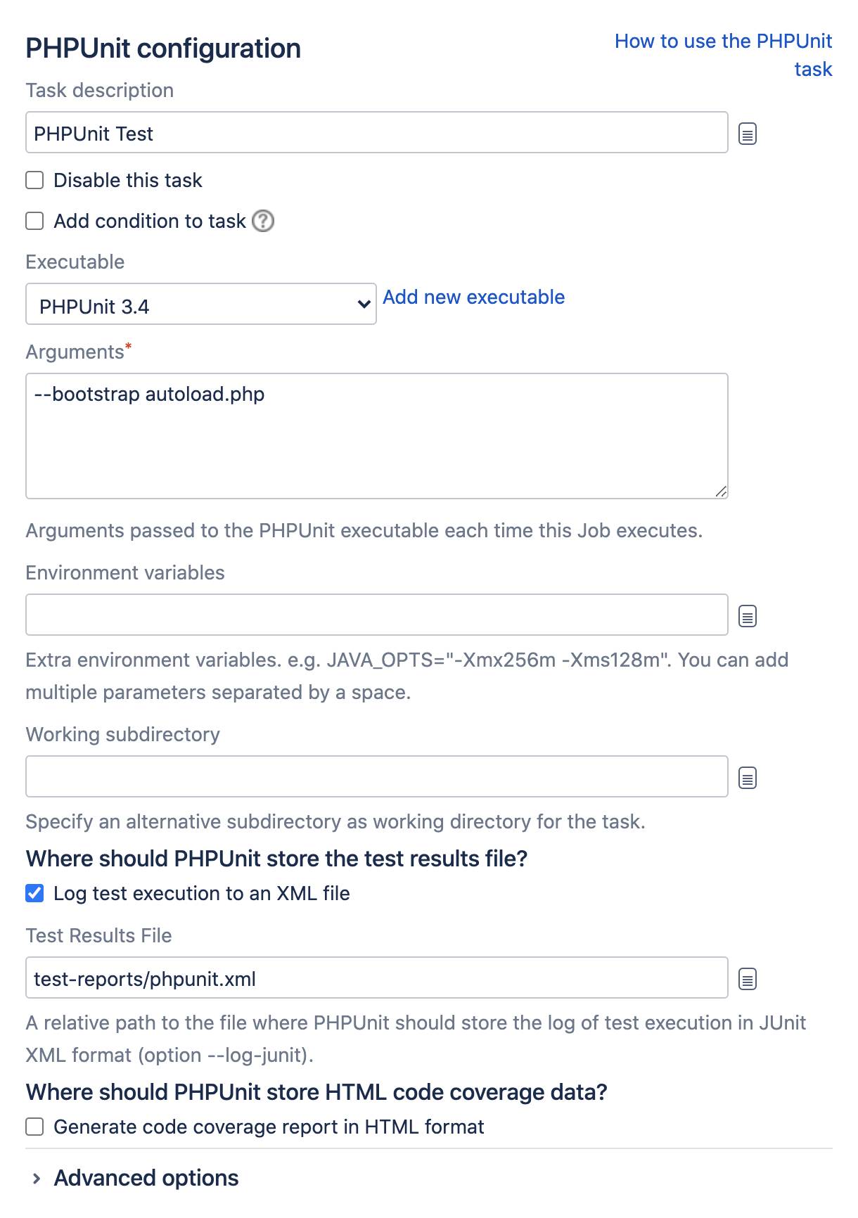 PHPUnit configuration section in Bamboo