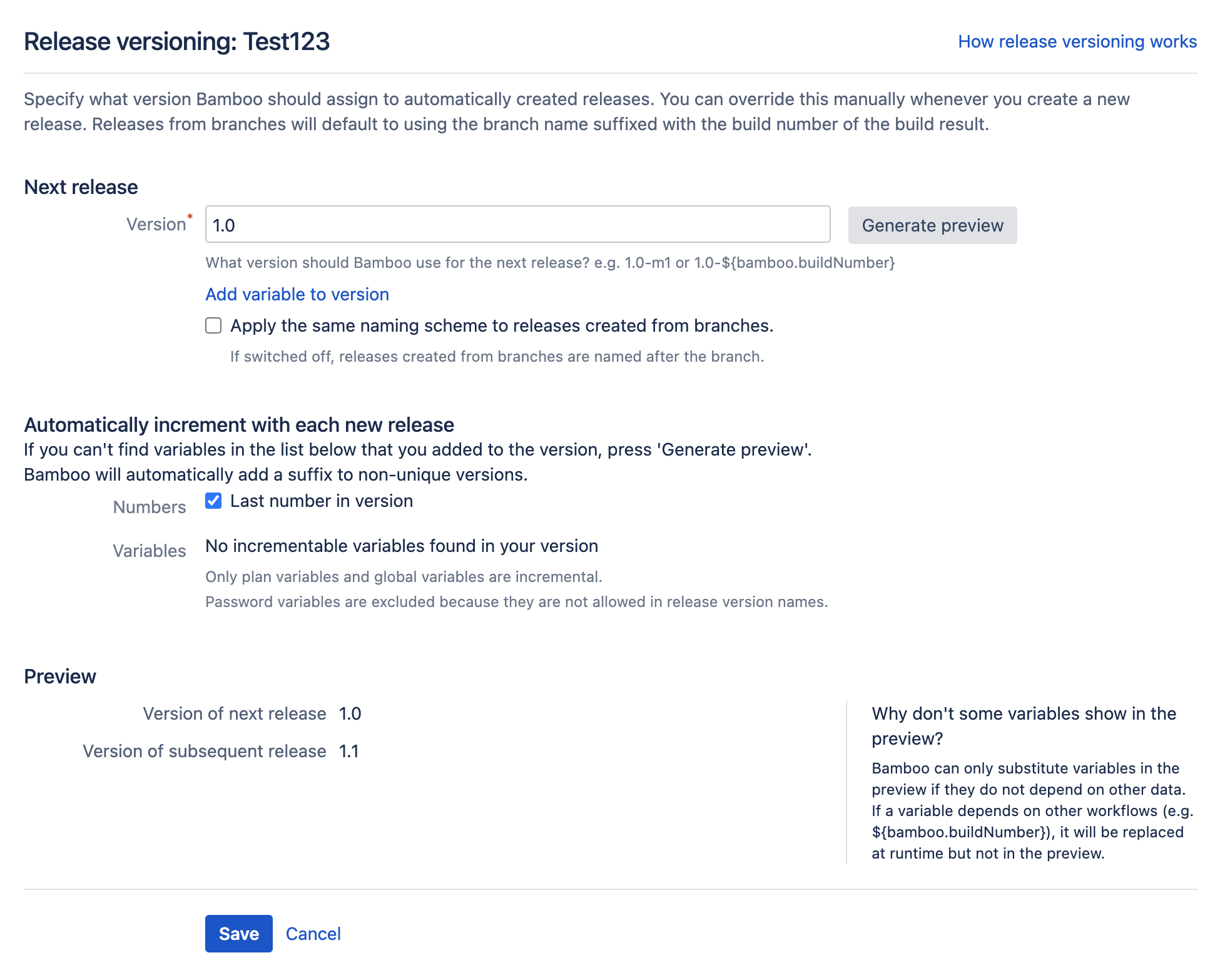 Release versioning screen in deployment project configuration