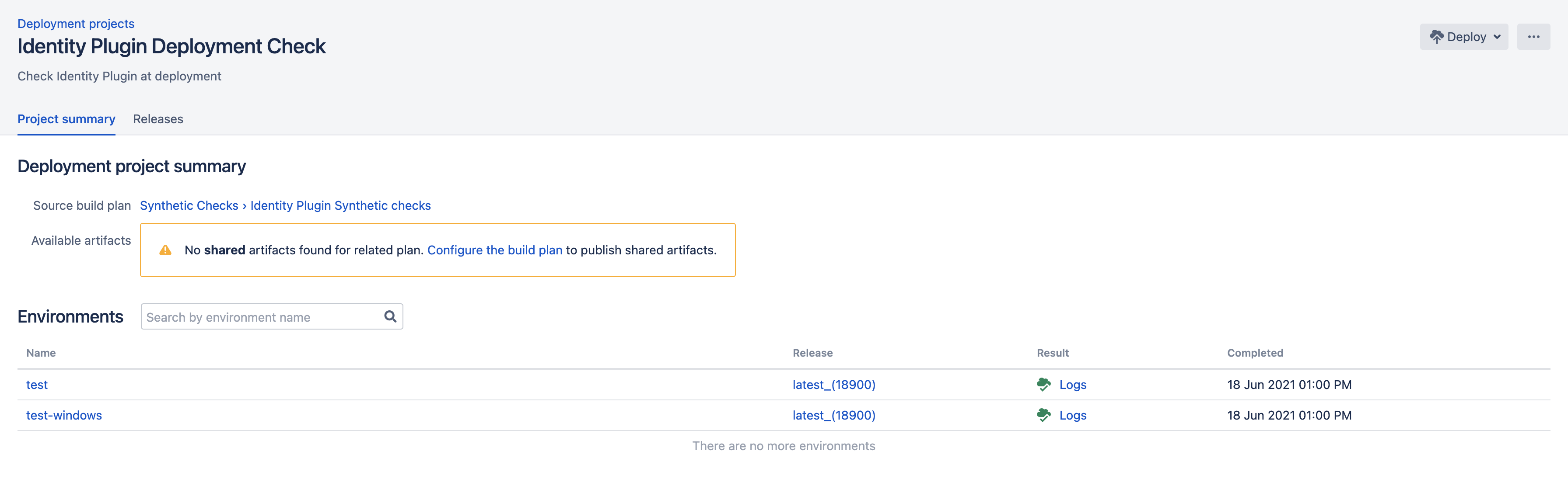 Deployment project summary screen