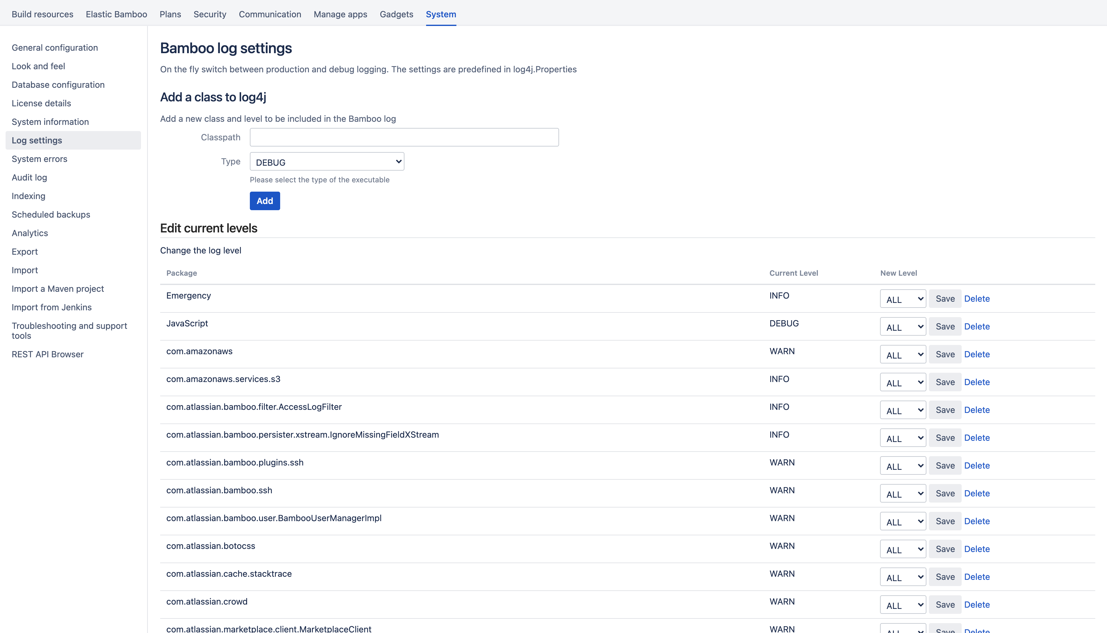 Bamboo log settings page