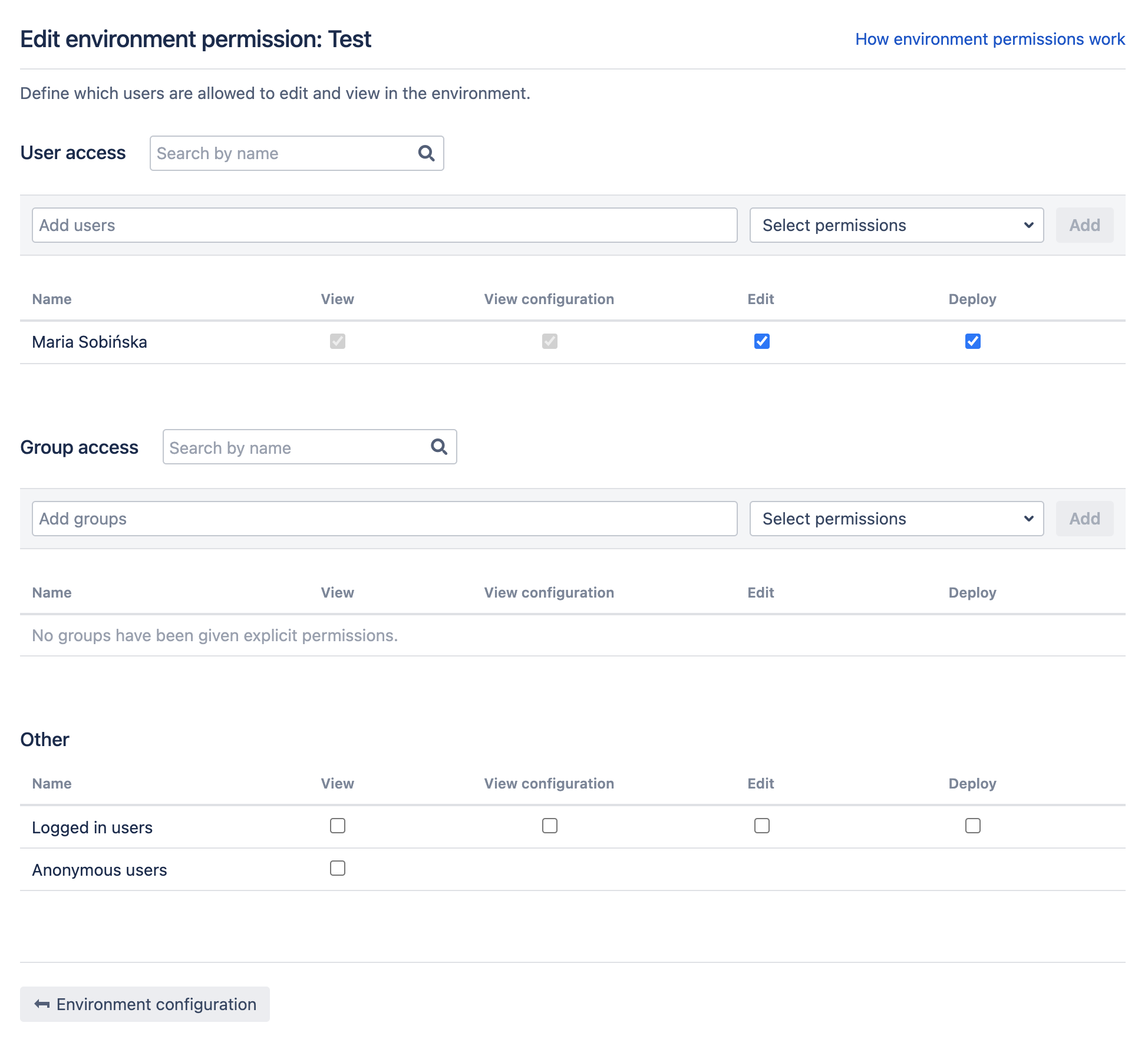 Edit environment permissions screen