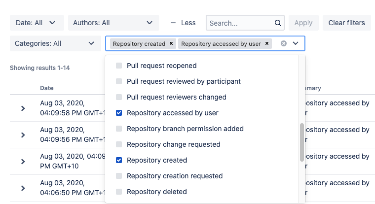 Audit log summary filter