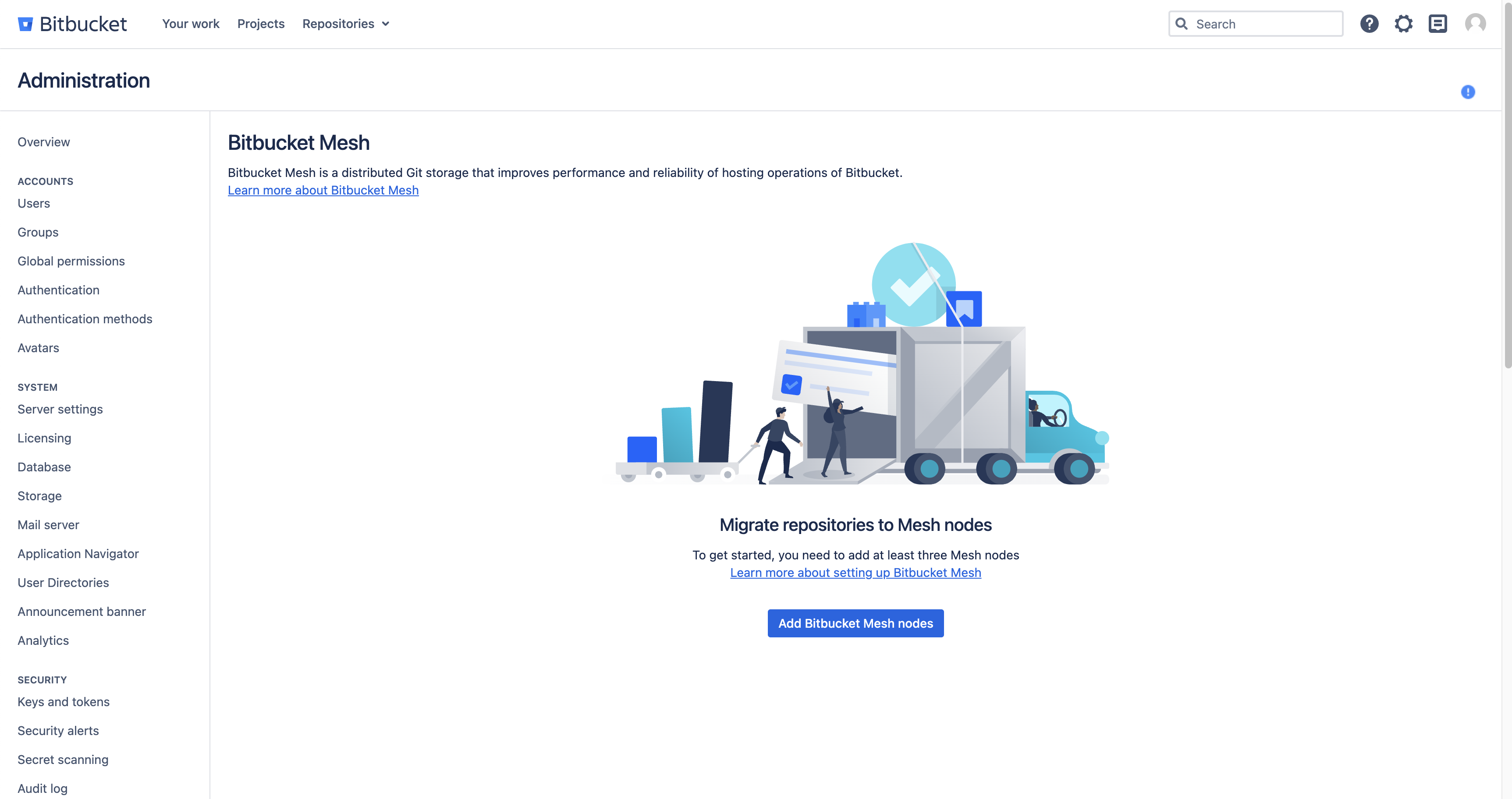 Bitbucket Mesh administration page with no registered Bitbucket Mesh nodes