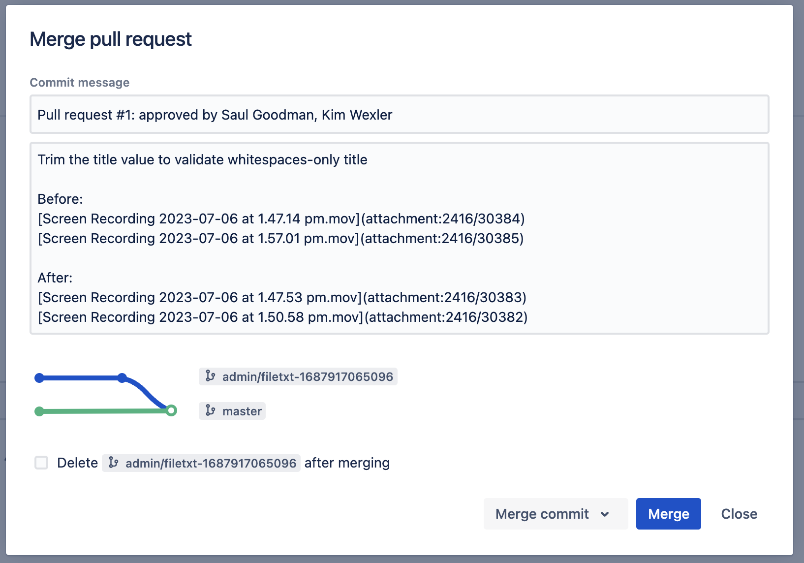 Merge modal with commit message template applied