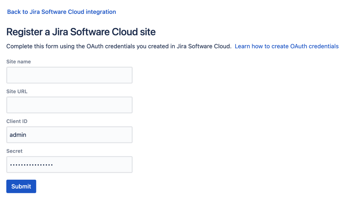 register jira in bitbucket form