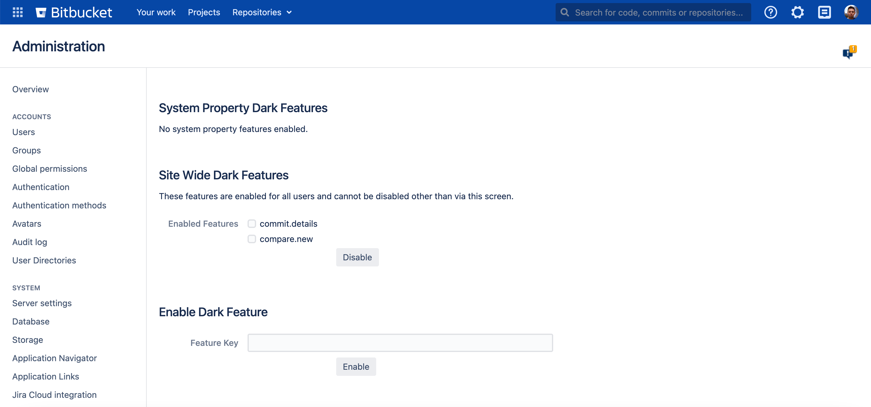 Site Wide Dark Features administration page