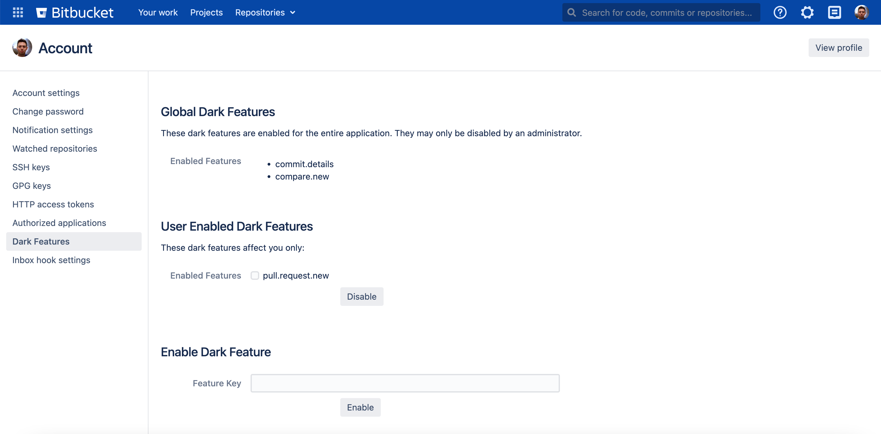 User Enabled Dark Features page