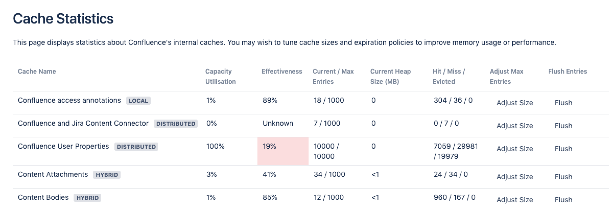 Advanced view of cache statistics screen showing several caches and all details. 