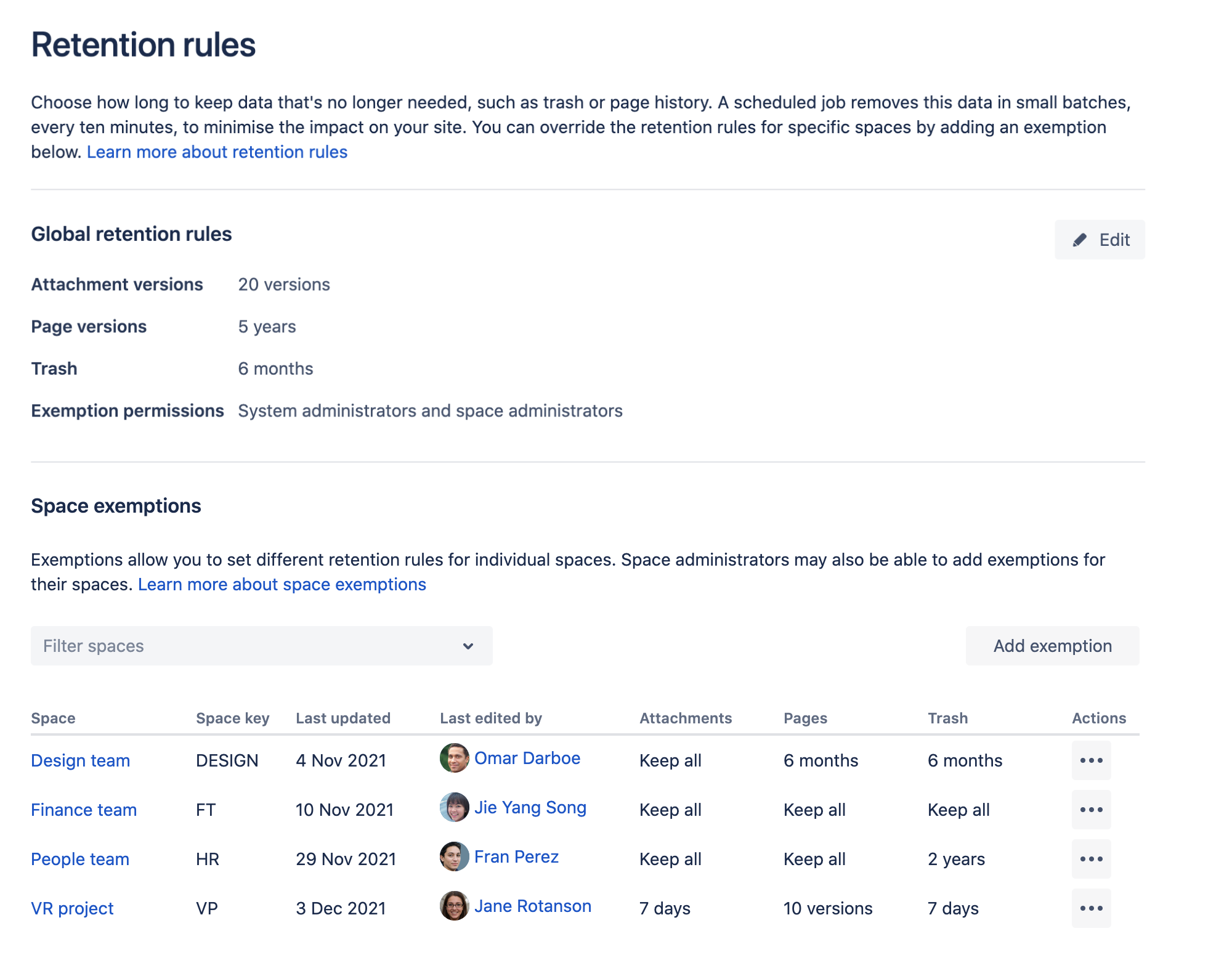 Global retention rules screen showing global rules and a list of space exemptions with different rules.