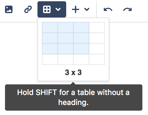 Screenshot of the Tables drop down menu showing a 3 by 3 table