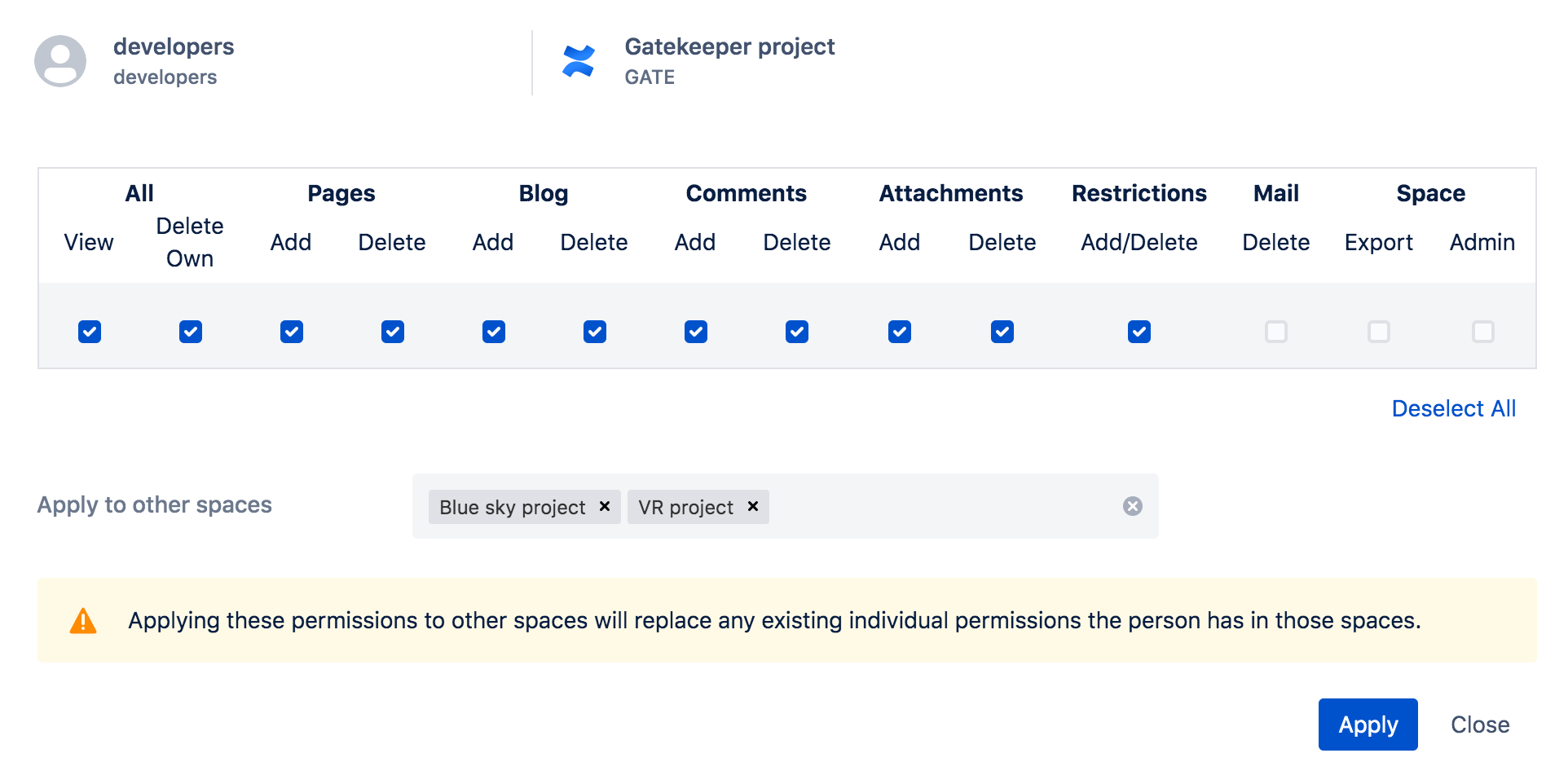 detail view of permissions for a group and space, with several spaces listed in the 'Apply to other spaces' field