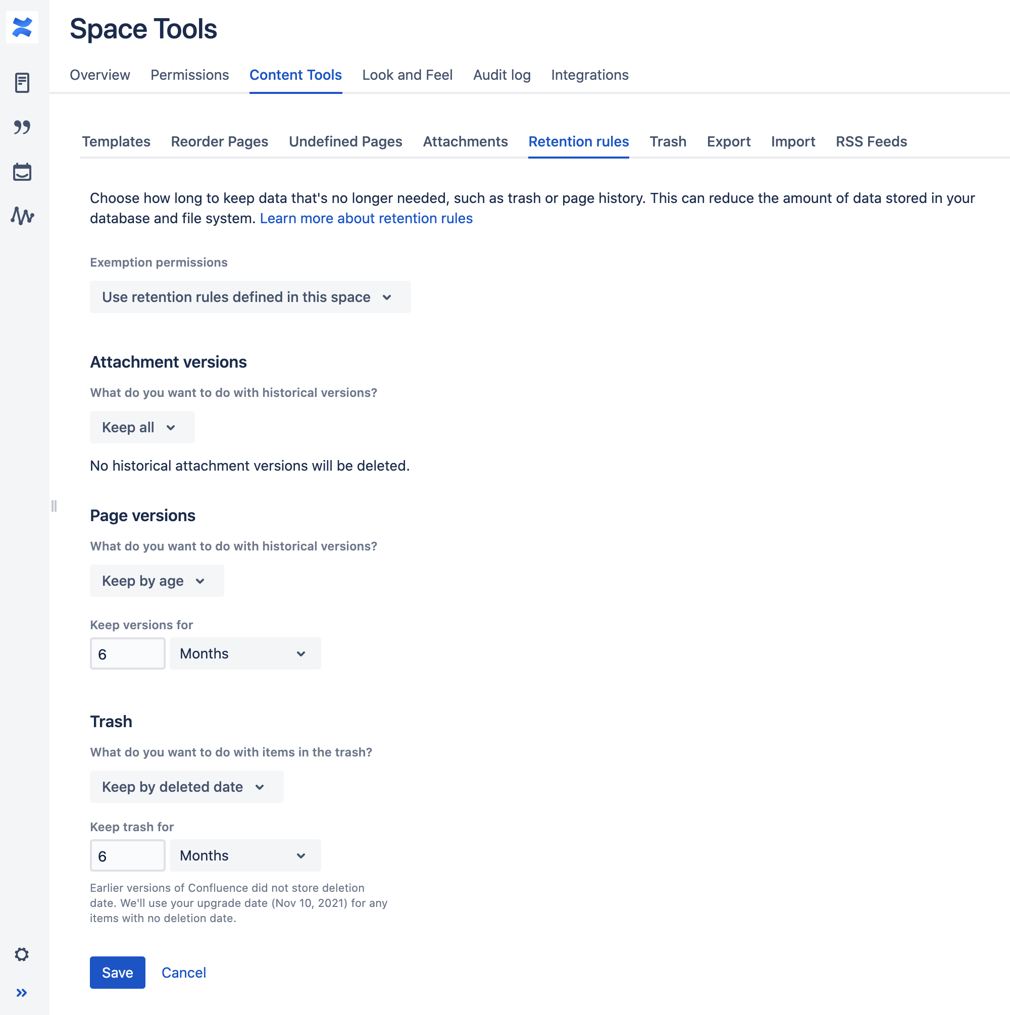 Retention rules tab in space tools showing a user editing the retention rules