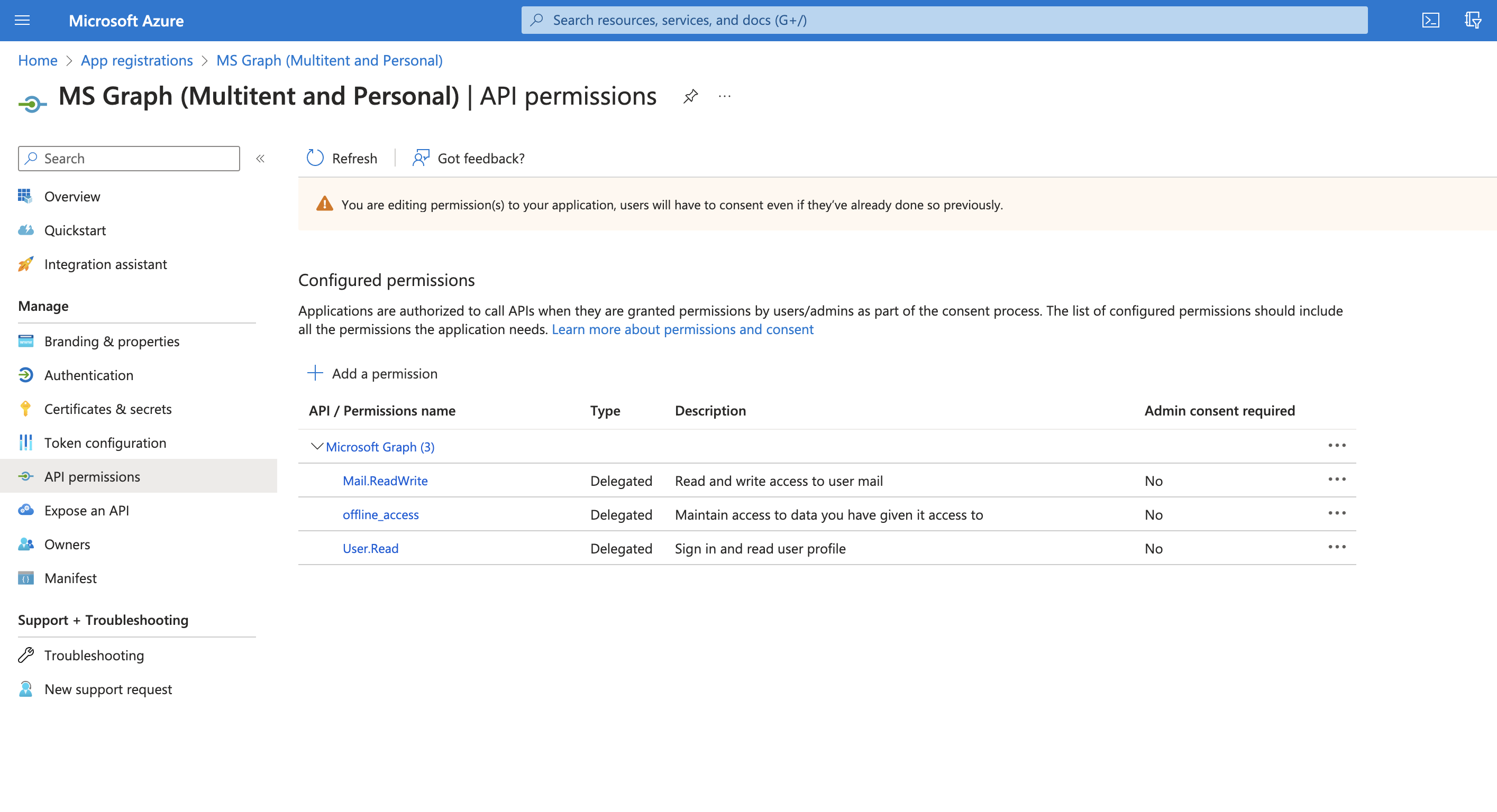 API permissions in the Azure Active Directory app registry