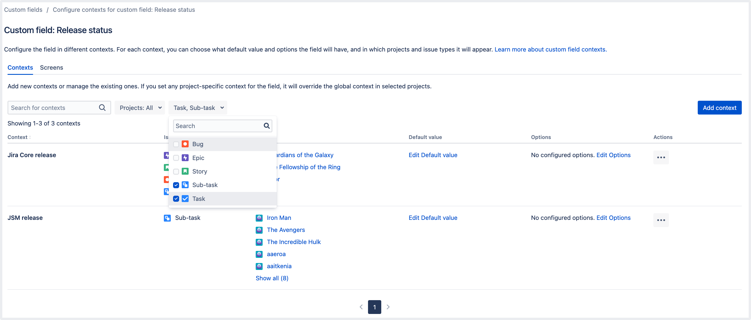 Two custom field contexts that match issue types selected in the Issue types menu