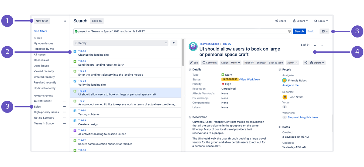 Issue navigator with annotations described below the image.