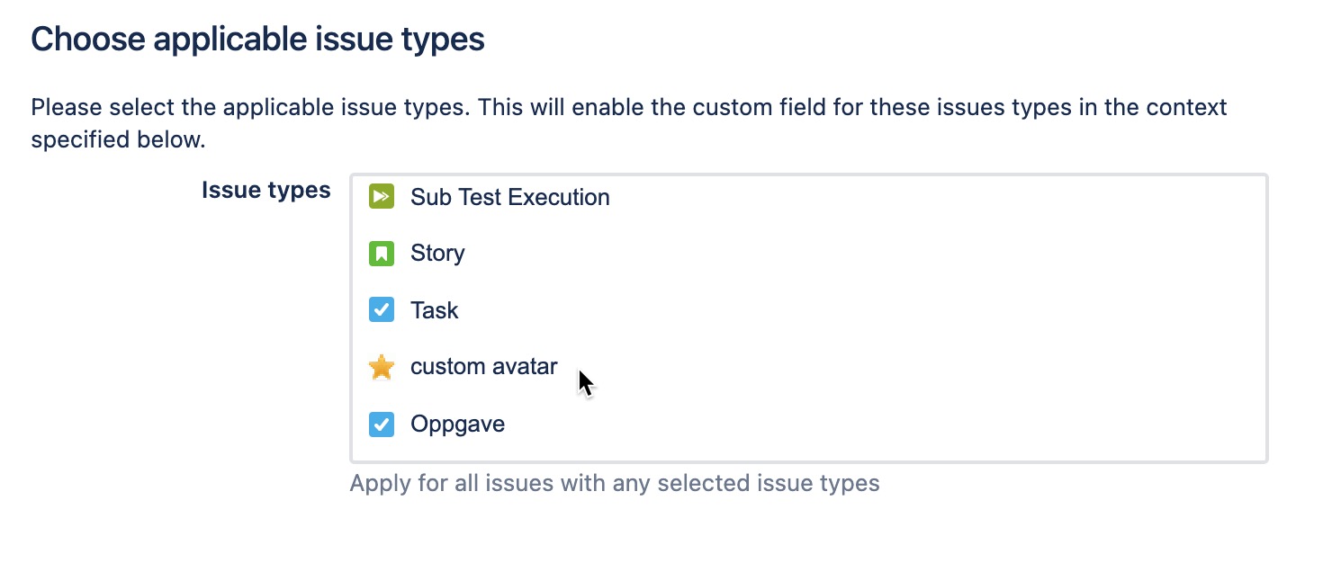 A Jira screen for choosing applicable issue types, including Sub Test Execution, Story, Task, custom avatar, and Oppgave. Task and Oppgave are checked.