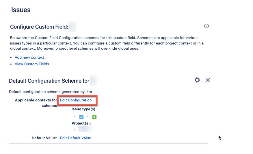 Jira custom field configuration settings. The Edit Configuration button is highlighted.