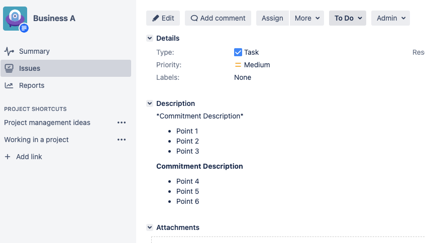 screenshot of jira issue view. commitment description text is not bolded but is instead surrounded by asterisks