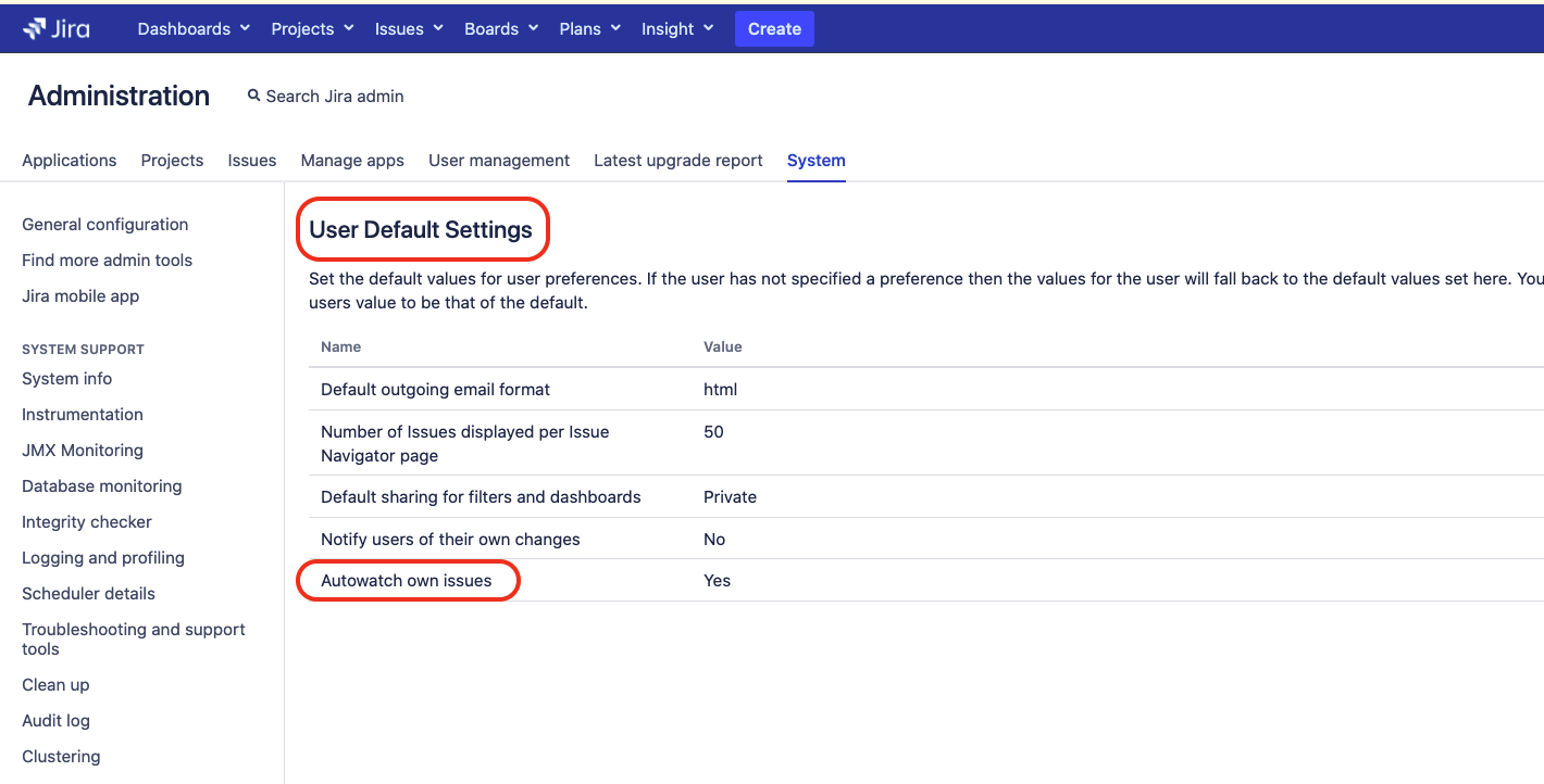 Jira's Administration - User Default Settings page.  The settings displayed include Default outgoing email format (html), Number of issues displayed per Issue Navigator page (50), Default sharing for filters and dashboards (Private), Notify users of their own changes (No), and Autowatch own issues (Yes). The User Default Settings section is highlighted, and the Autowatch own Issues setting is circled.  The left sidebar shows the Jira administration menu, and the top navigation bar displays standard Jira options.