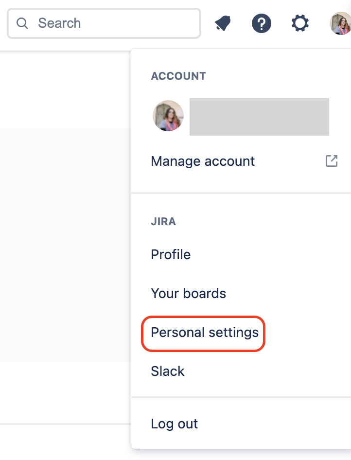 A screenshot of a Jira user menu. The menu options include Account, Jira (with sub-options for Profile and Your boards), Personal settings (highlighted), Slack, and Log out.  At the top are icons for Search, Notifications, Help, and Settings, along with the user's profile picture.