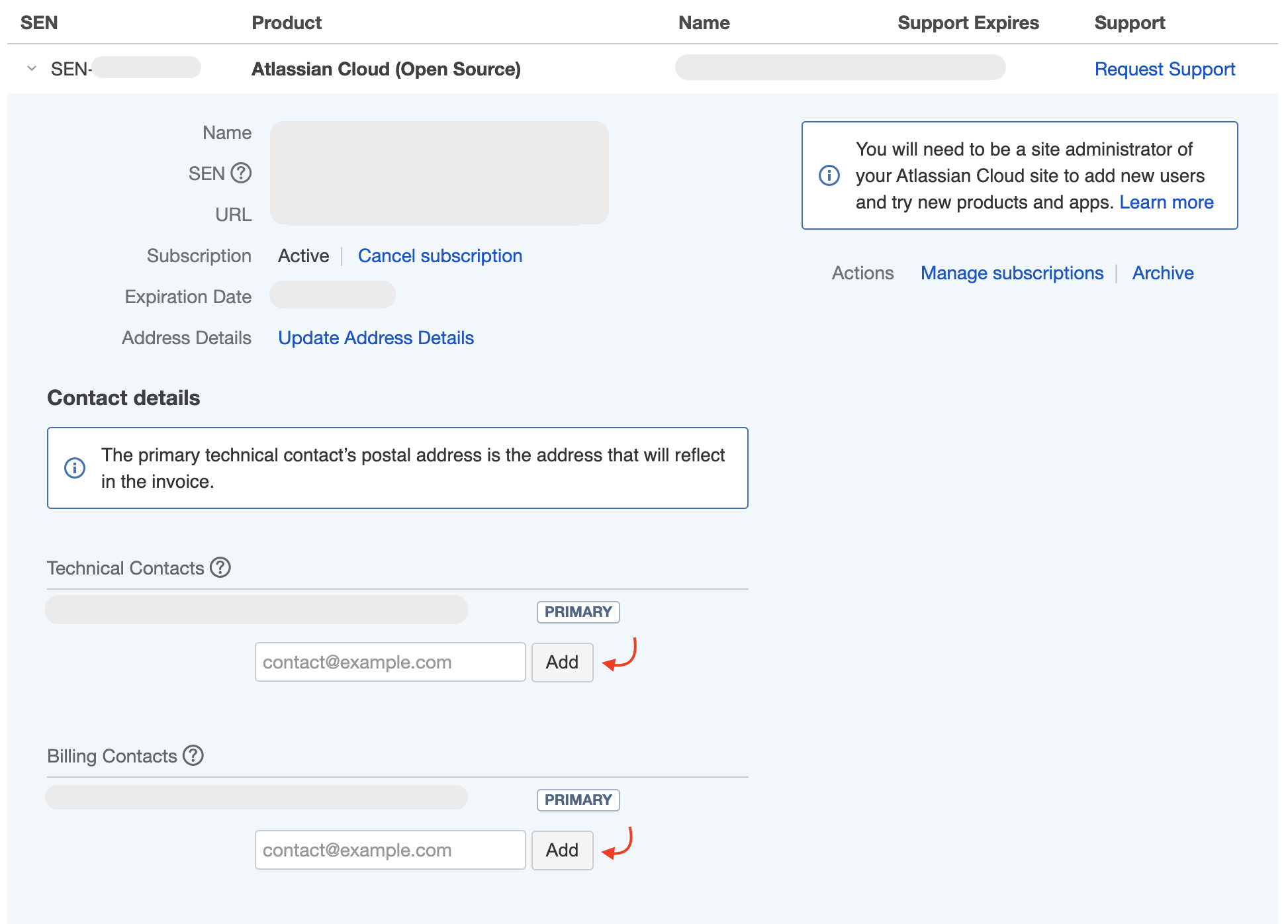 screenshot of my.atlassian.com. the technical and billing contact fields are highlighted by a red arrow.