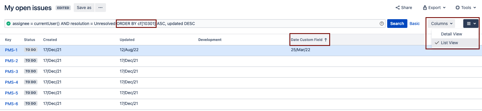 Screenshot of issue search which includes an order by JQL clause. This clause includes the field ID number.