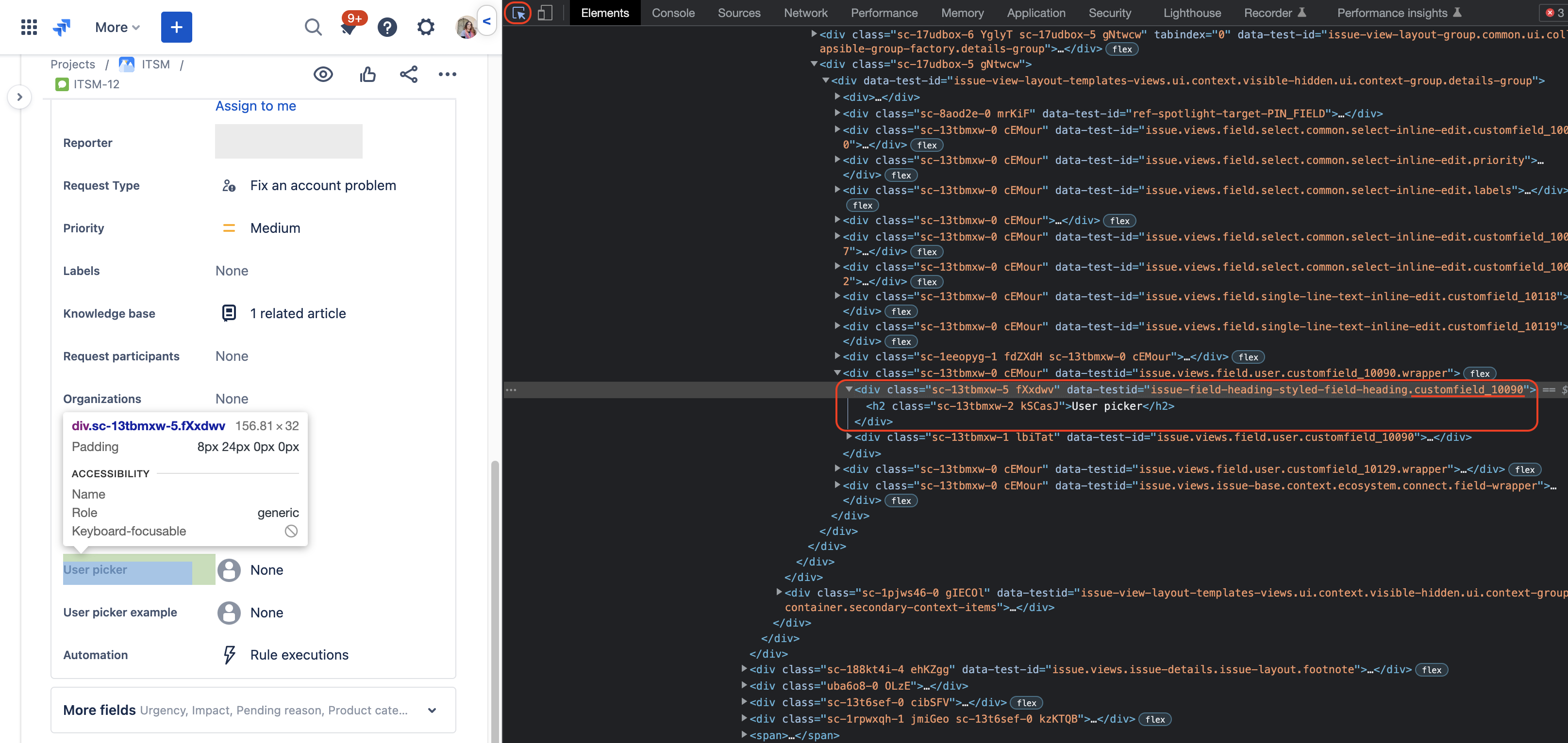 a screenshot of a browser window. The left side shows Jira's issue view with a custom field highlighted. The right side shows developer tools including the custom field's ID value.