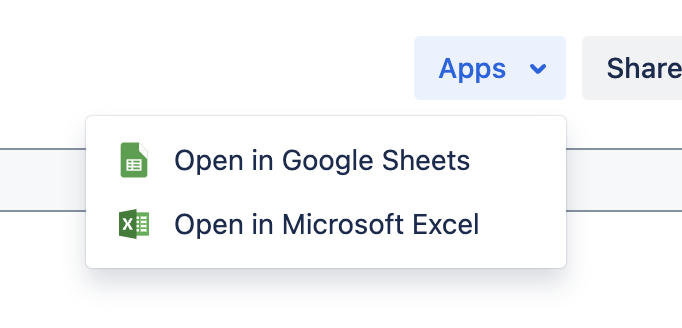 Apps dropdown menu with options to open the file in Google Sheets or Microsoft Excel. A Share button is also visible.