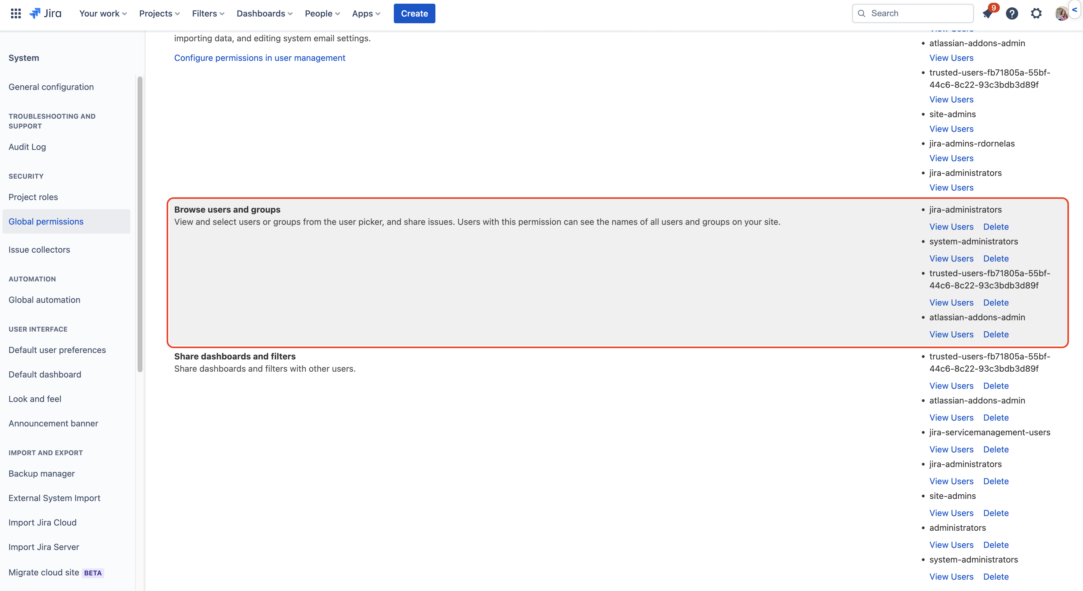 Jira administration settings page showing the Global Permissions section. The highlighted sections are Browse users and groups and Share dashboards and filters. The right side of the screen lists existing user groups and permissions.