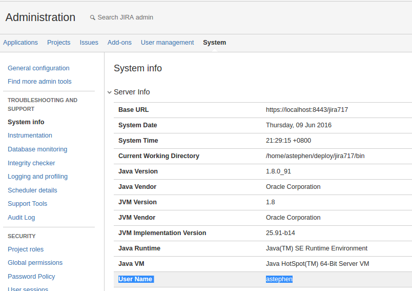 screenshot of the Jira system info page. the User Name field is highlighted indicating the user who installed Jira.