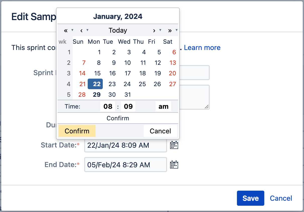 Date picker in the Edit sprint dialog with new Confirm and Cancel buttons