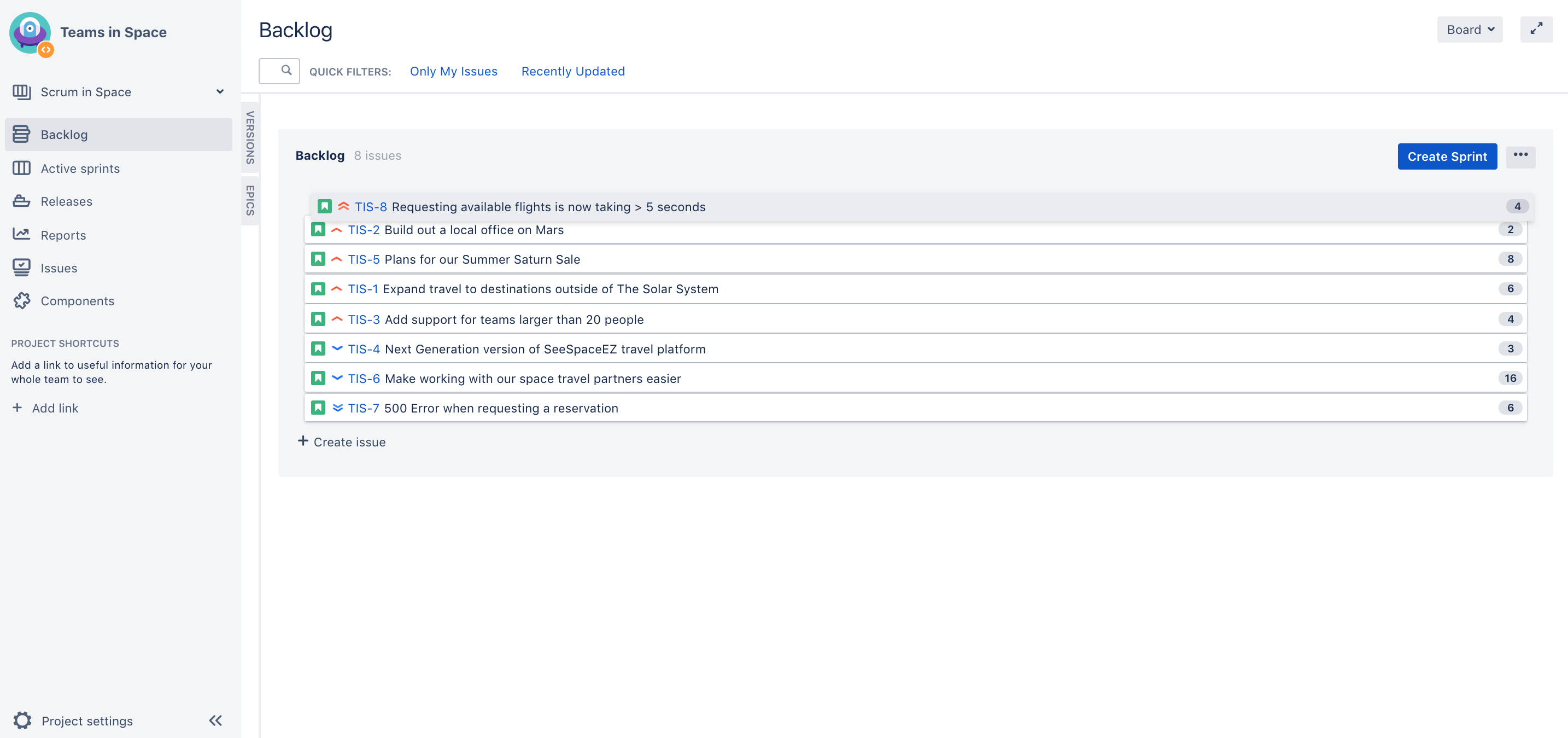 Scrum backlog with a list of issues. The first three issues are TIS-8, TIS-2, and TIS-5.