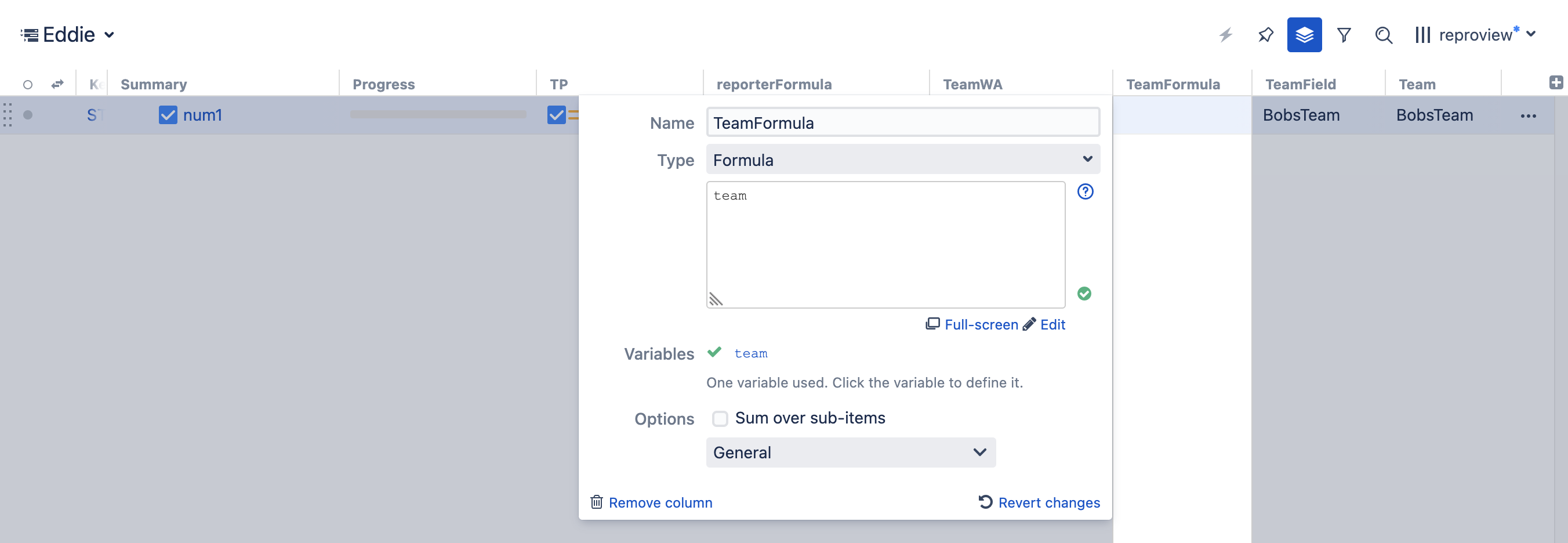 When 'team' is used in formula, the column is blank