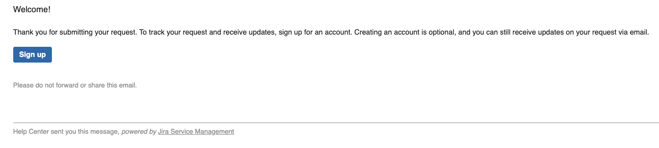 Welcome email recommending user to sign up for an account