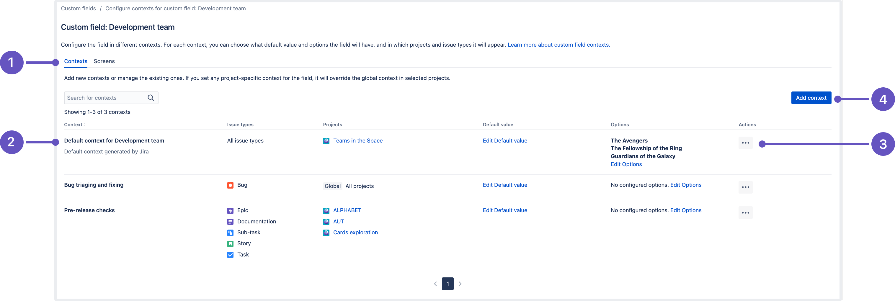 A table with contexts configured for the custom field