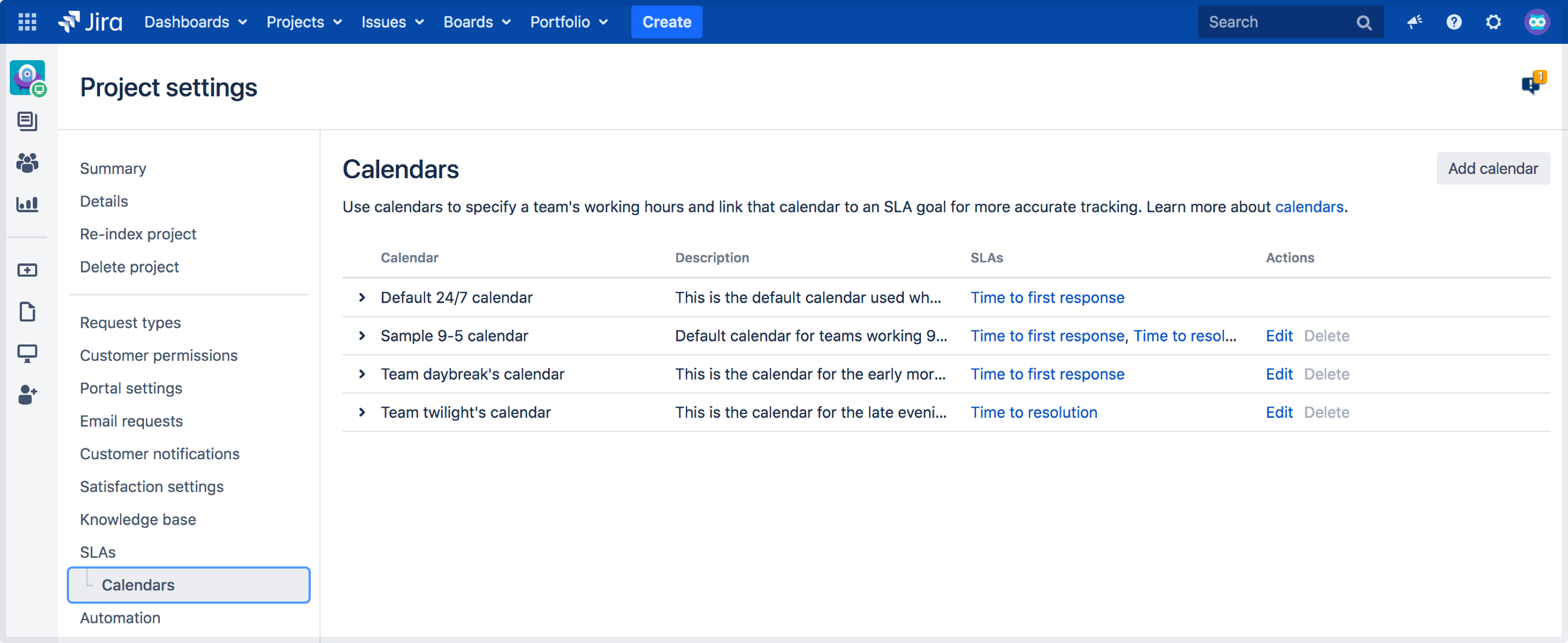 New SLA calendars screen