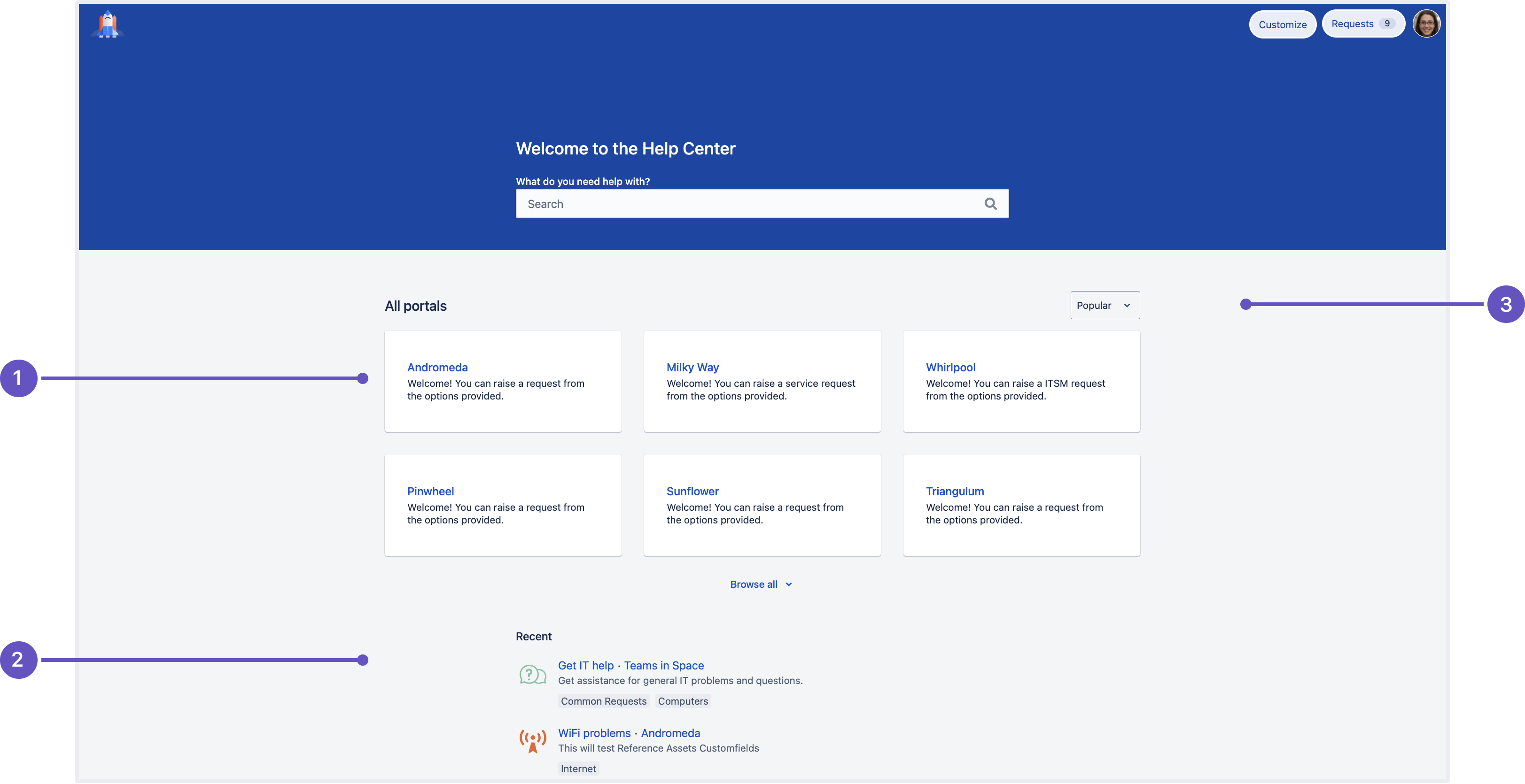 Help center view for a Jira admin