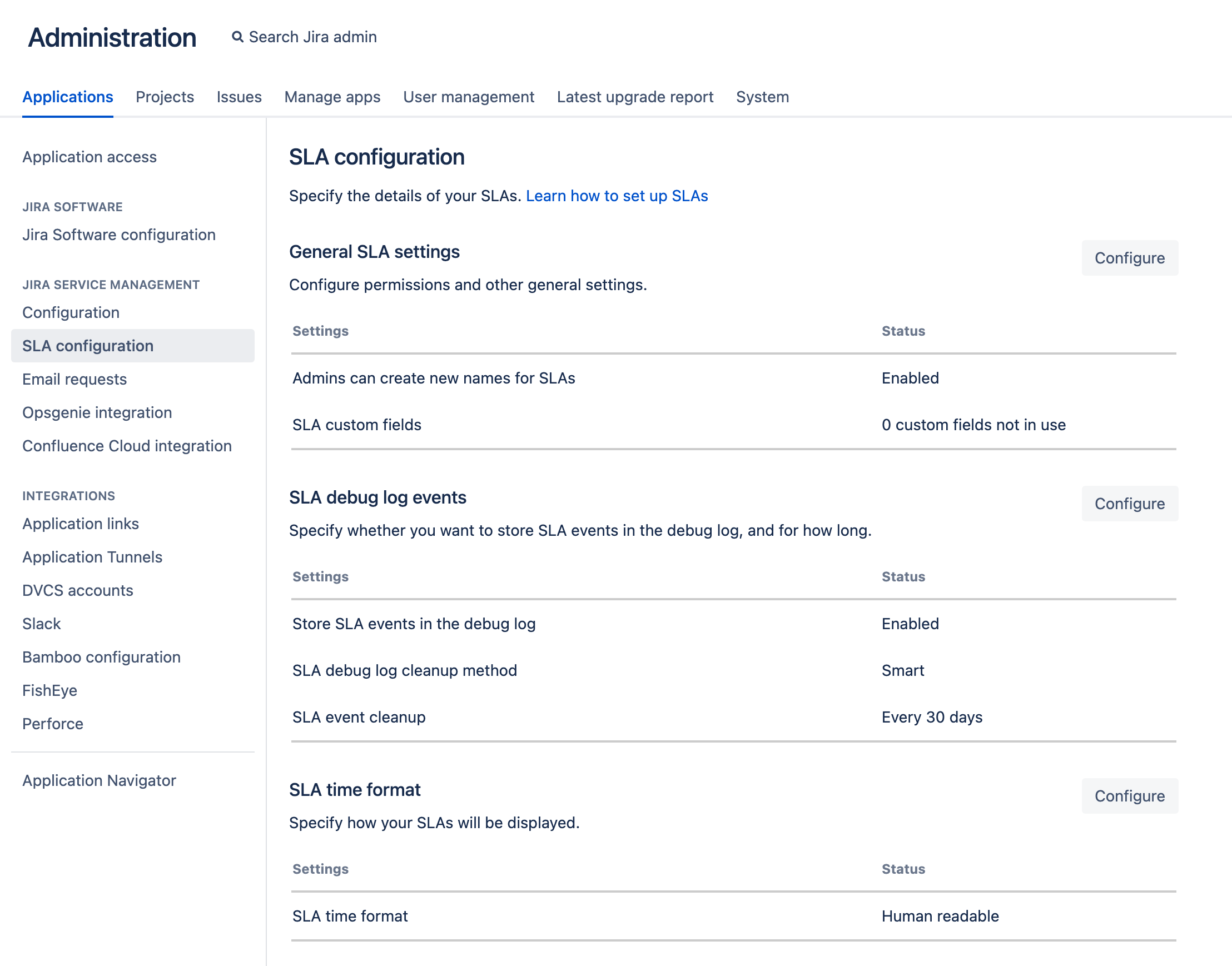 SLA configuration interface