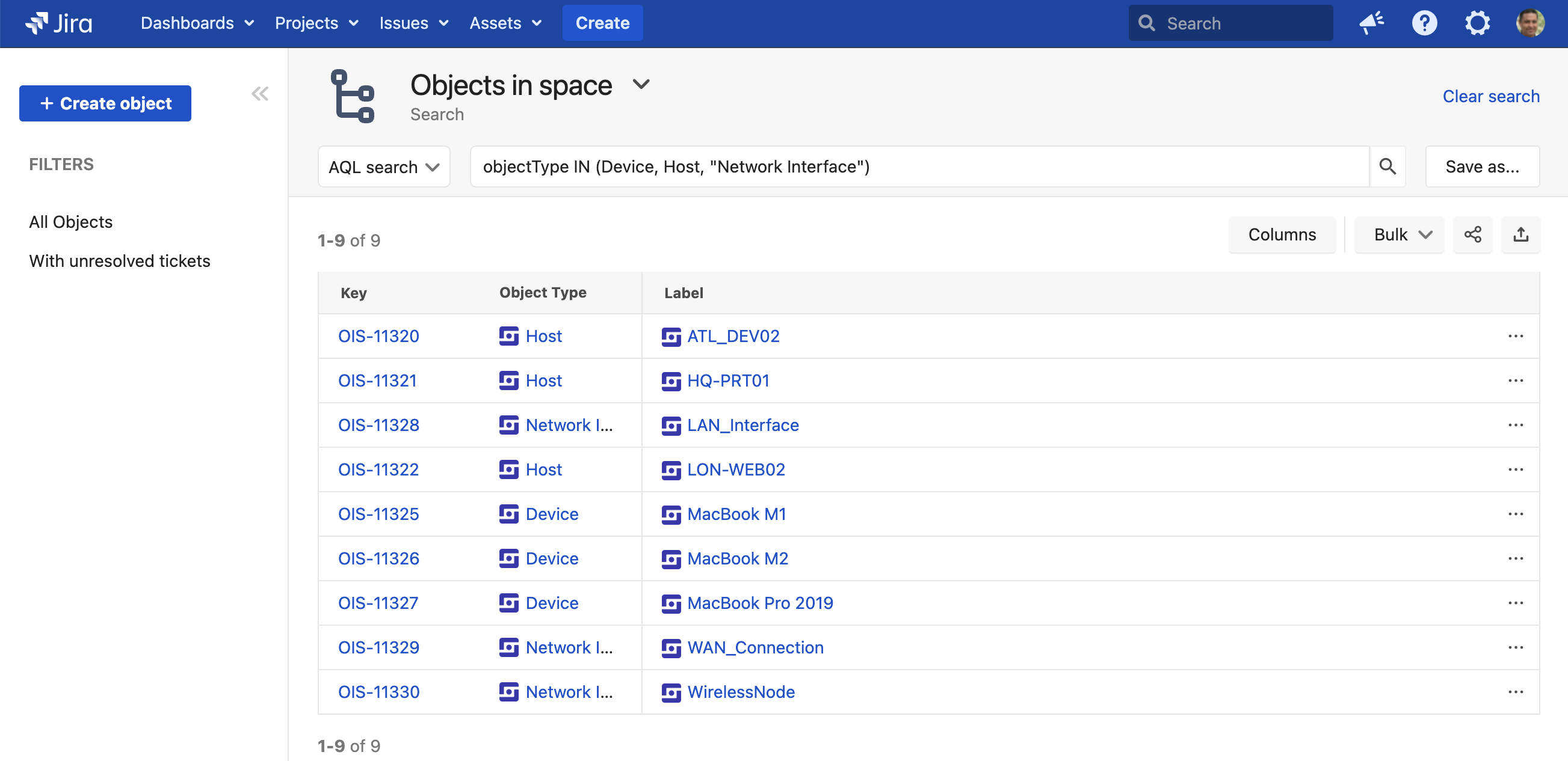 Search shows how to use IN operator to search for 3 different object types